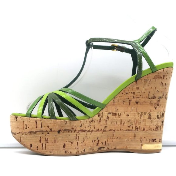 Louis Vuitton Summertime Cork Wedge Sandals Green Patent Leather Size 37.5 - Picture 6 of 12